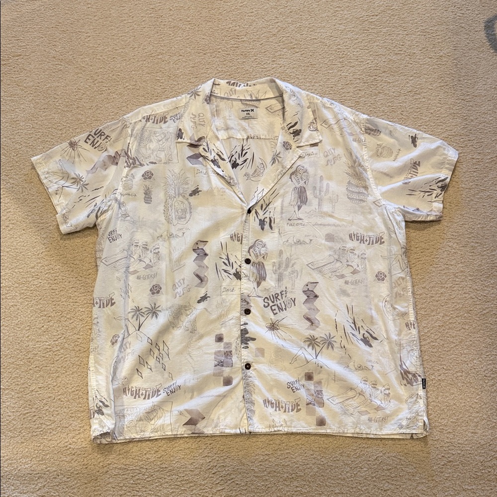Hurley XXL Short Sleeve Button Down Shirt Surf Print Cream Coastal Graphic